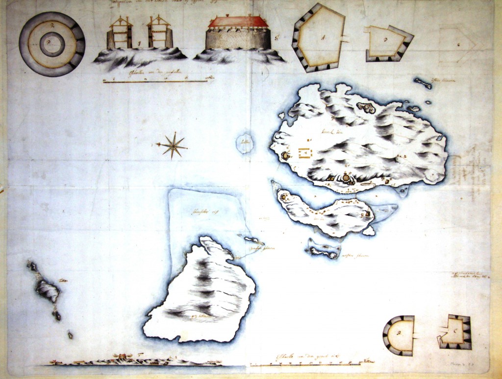 Christiansø 1700 i Krigsministeriets kort og tegningsarkiv mappe 4, kort 23.Påsktift på bagsiden: "No 4 Christians=Øe med Situation af Feld-Marschal Grev Jarlsbergs, indsendt fra hans Sterboe, den 9. Dec: 1726".