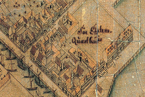 Udsnit af Geddes eleverede kort, 1761. Søetatens kvæsthus var endnu ikke flyttet til Christianshavn.