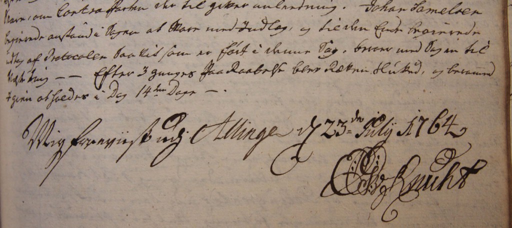 Stiftsmand Knuth var i Allinge den 23. juli 1764 og fik forevist birketingbogen. Det gav anledning til 3 påtaler: Der manglede en kopibog over kgl. reskripter og øvrighedens skrivelser og pålæg, Der var ikke planer for oprettelse af skole og det sidste reskript om forvaltning blev ikke fulgt. Stiftamtmanden fik indskrevet en "alvorlig erindring" herom.