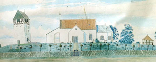 Klemens Kirke 1860 - rekonstruktion udført af arkitekt Thorsen. Billedet hænger i Klemensker Kirkes våbenhus.